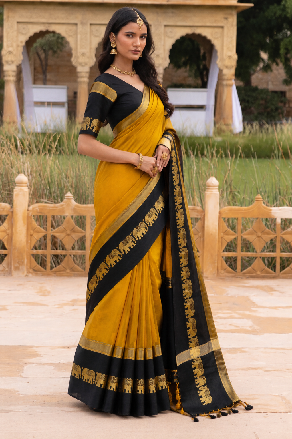 Gold & Black Gadwal Saree with Royal Elephant Border