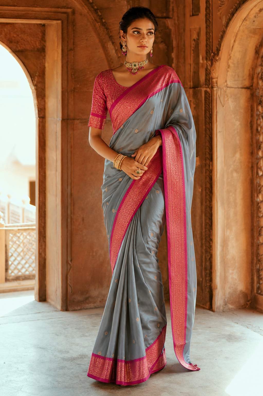 Steel Grey & Rani Pink Paithani Cotton Silk Saree