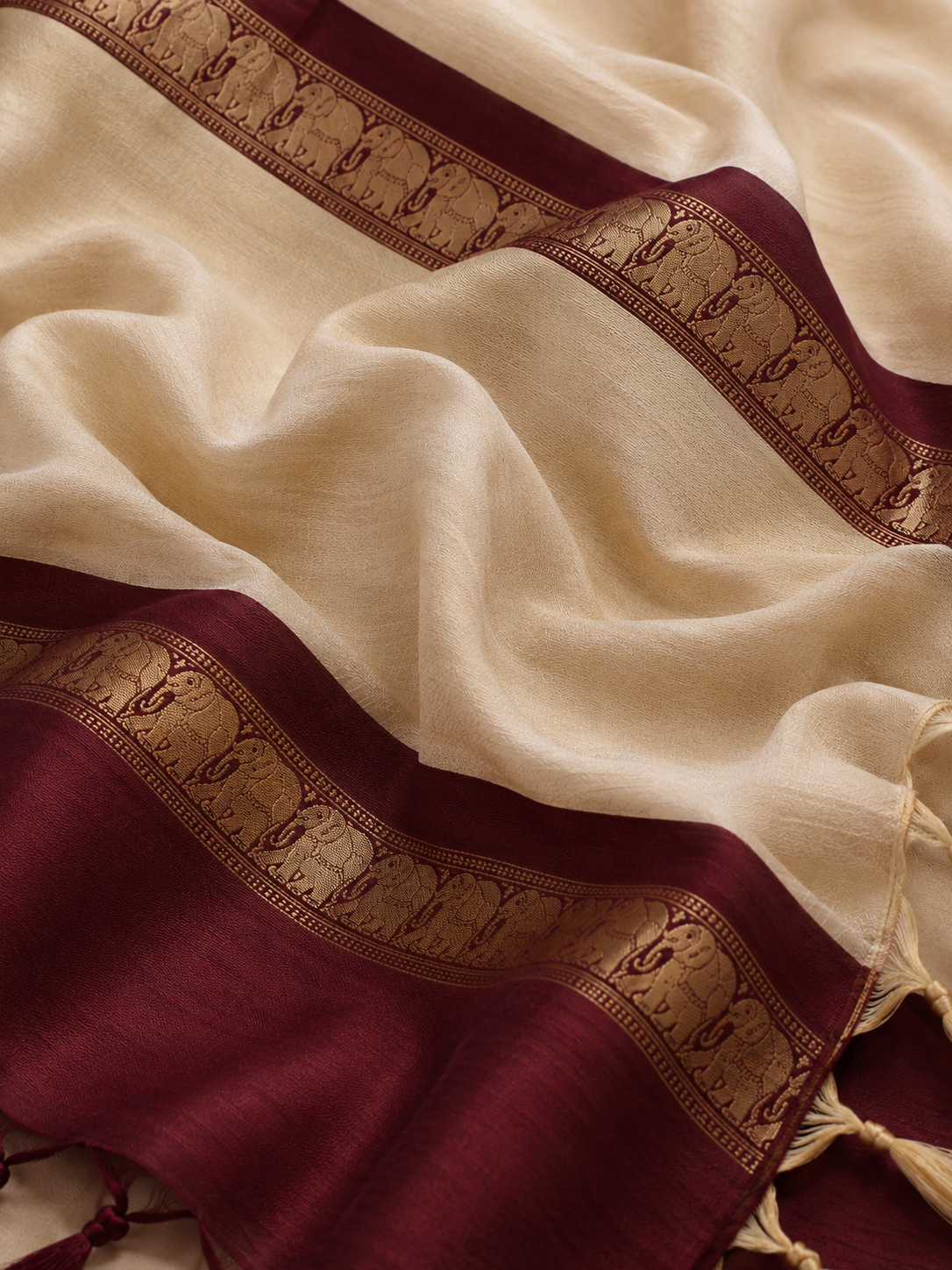Beige & Maroon Gadwal Saree with Royal Elephant Border