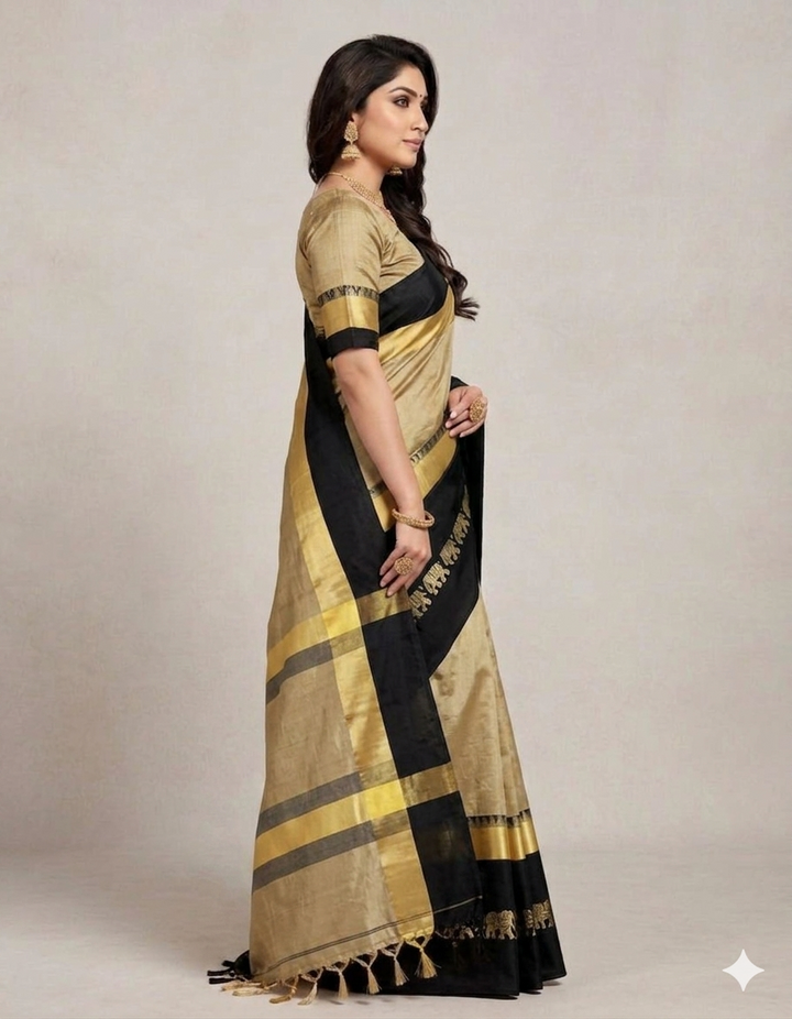 Beige & Black Hathi Design (Elephant) Cotton Silk Saree