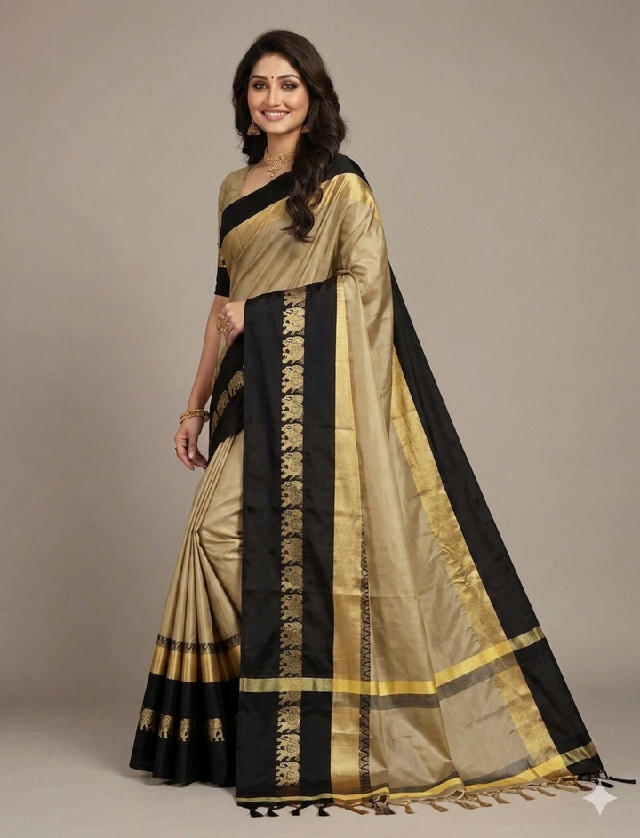 Beige & Black Hathi Design (Elephant) Cotton Silk Saree