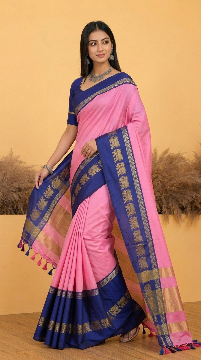 Pink & Navy Blue Gadwal Saree with Royal Elephant Border