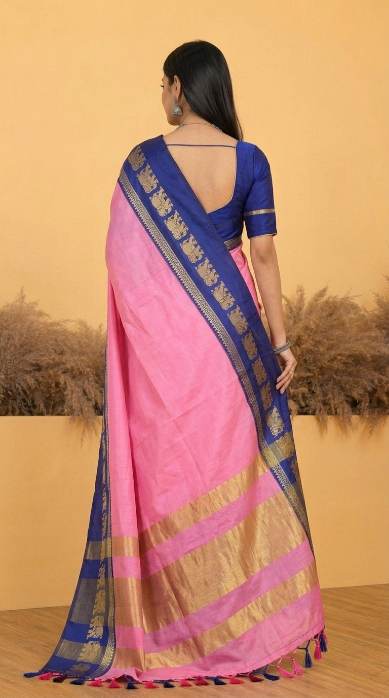 Pink & Navy Blue Gadwal Saree with Royal Elephant Border