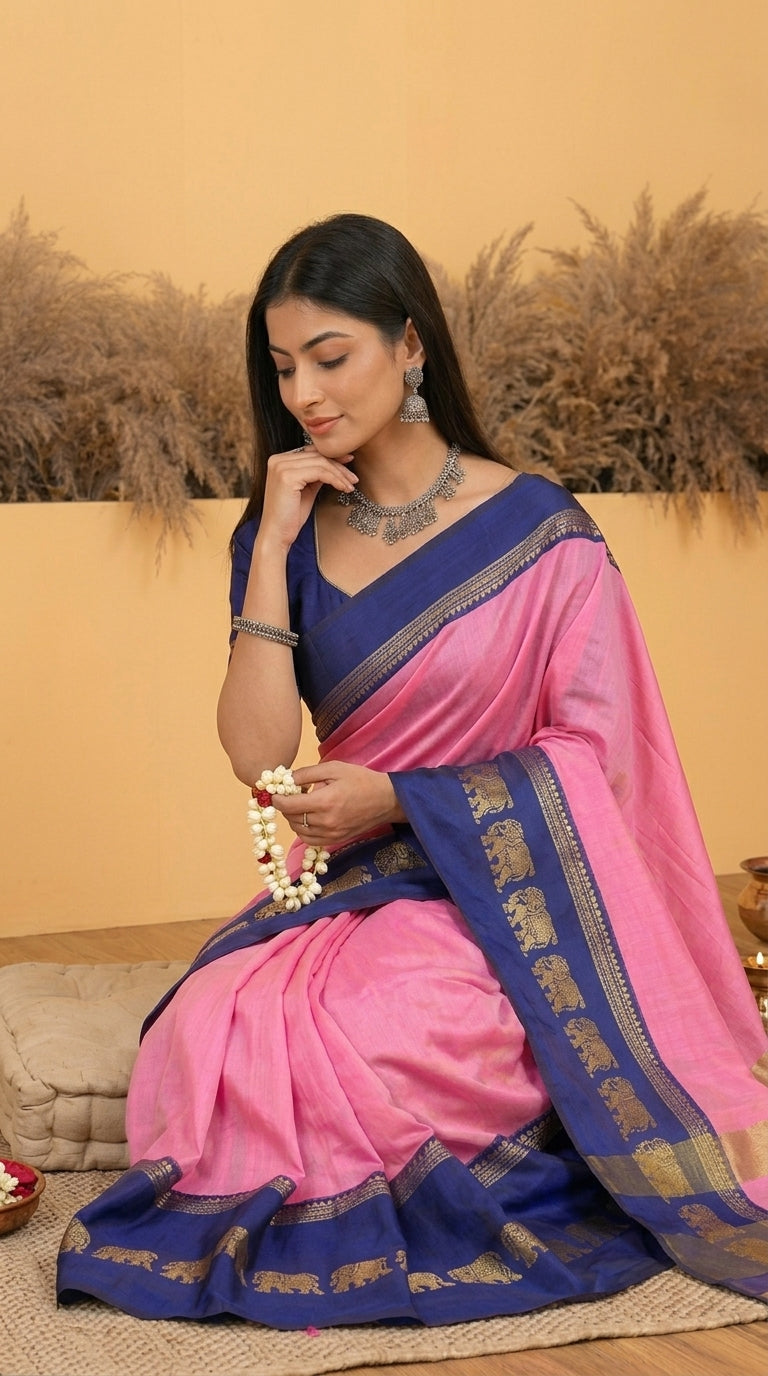 Pink & Navy Blue Gadwal Saree with Royal Elephant Border