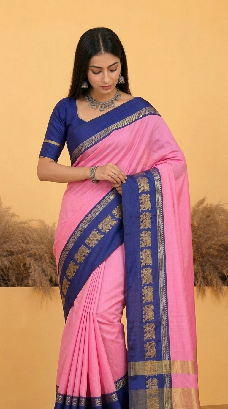 Pink & Navy Blue Gadwal Saree with Royal Elephant Border