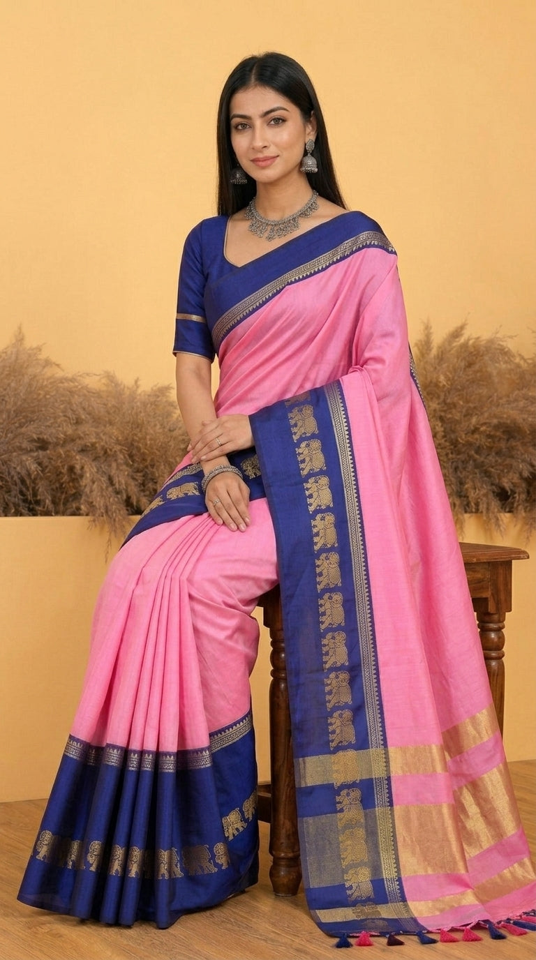 Pink & Navy Blue Gadwal Saree with Royal Elephant Border