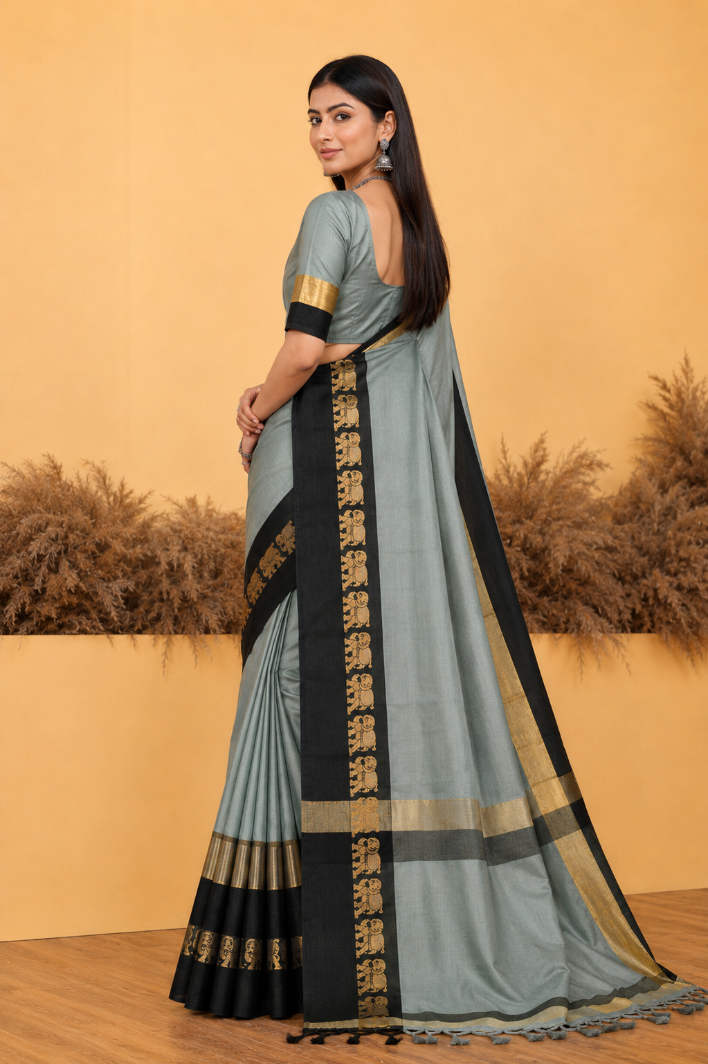 Grey & Black Gadwal Saree with Royal Elephant Border