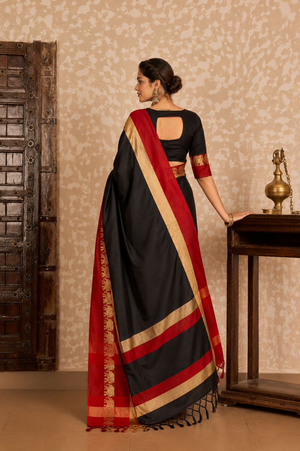 Black & Red Hathi Design (Elephant) Cotton Silk Saree