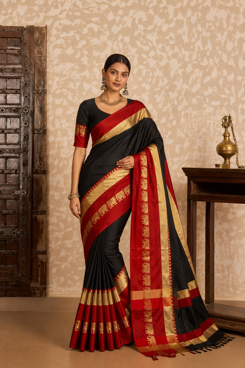 Black & Red Hathi Design (Elephant) Cotton Silk Saree