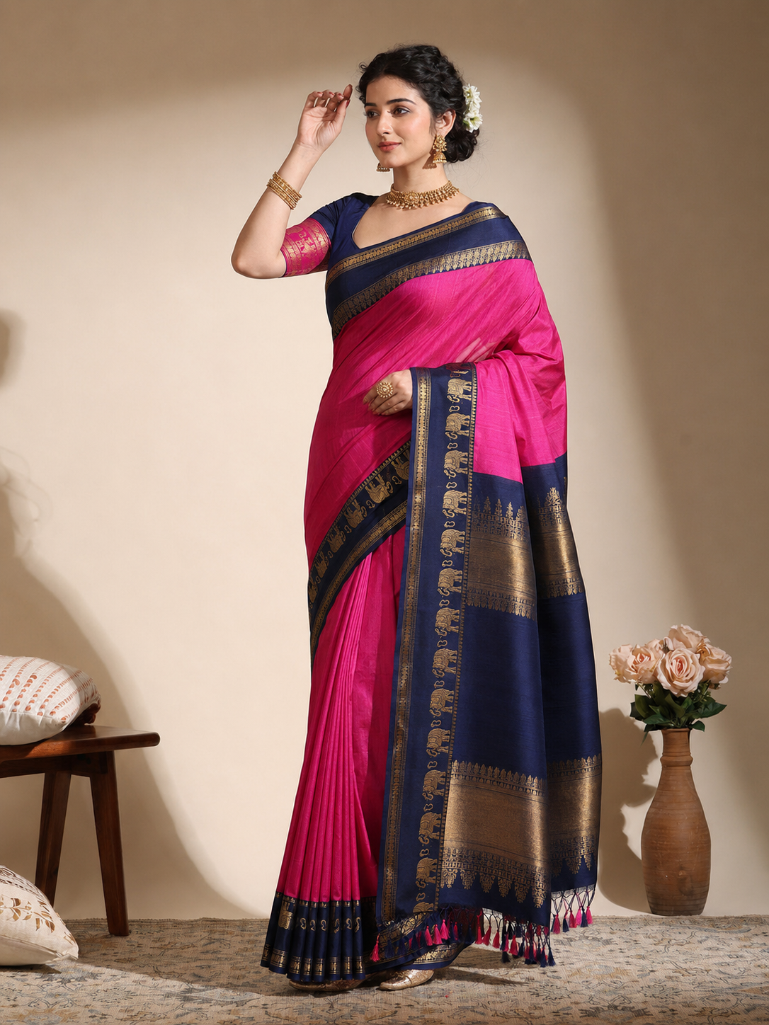 Pink & Navy Blue Gadwal Silk Saree with Royal Elephant Zari Border