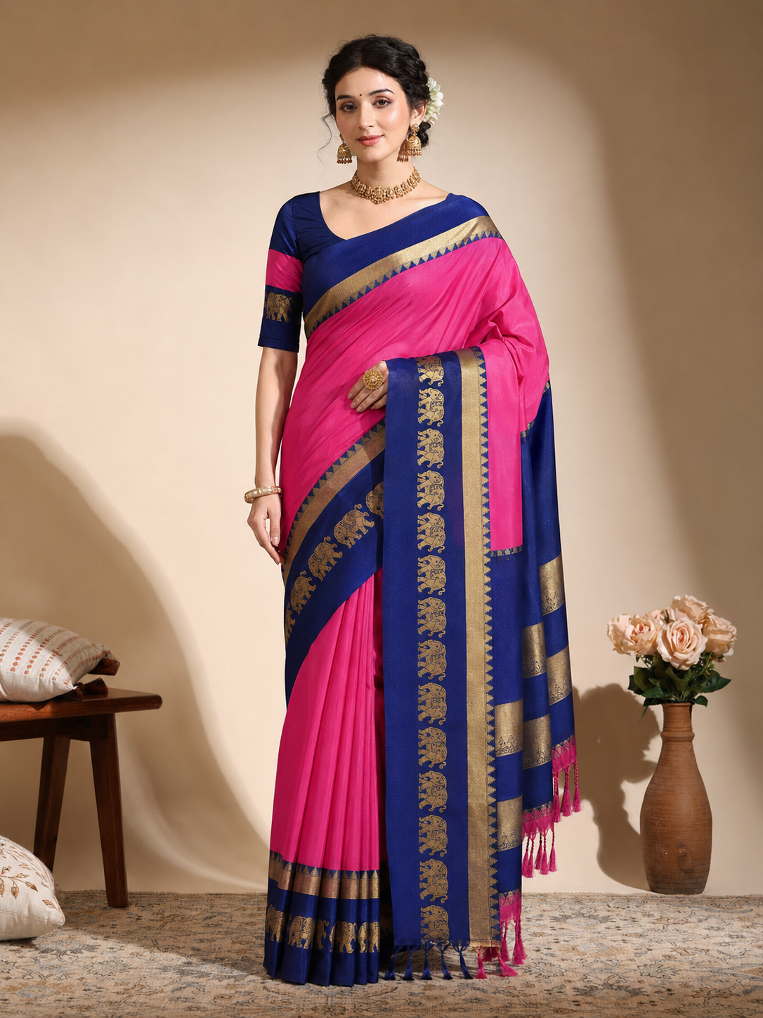 Pink & Navy Blue Gadwal Silk Saree with Royal Elephant Zari Border