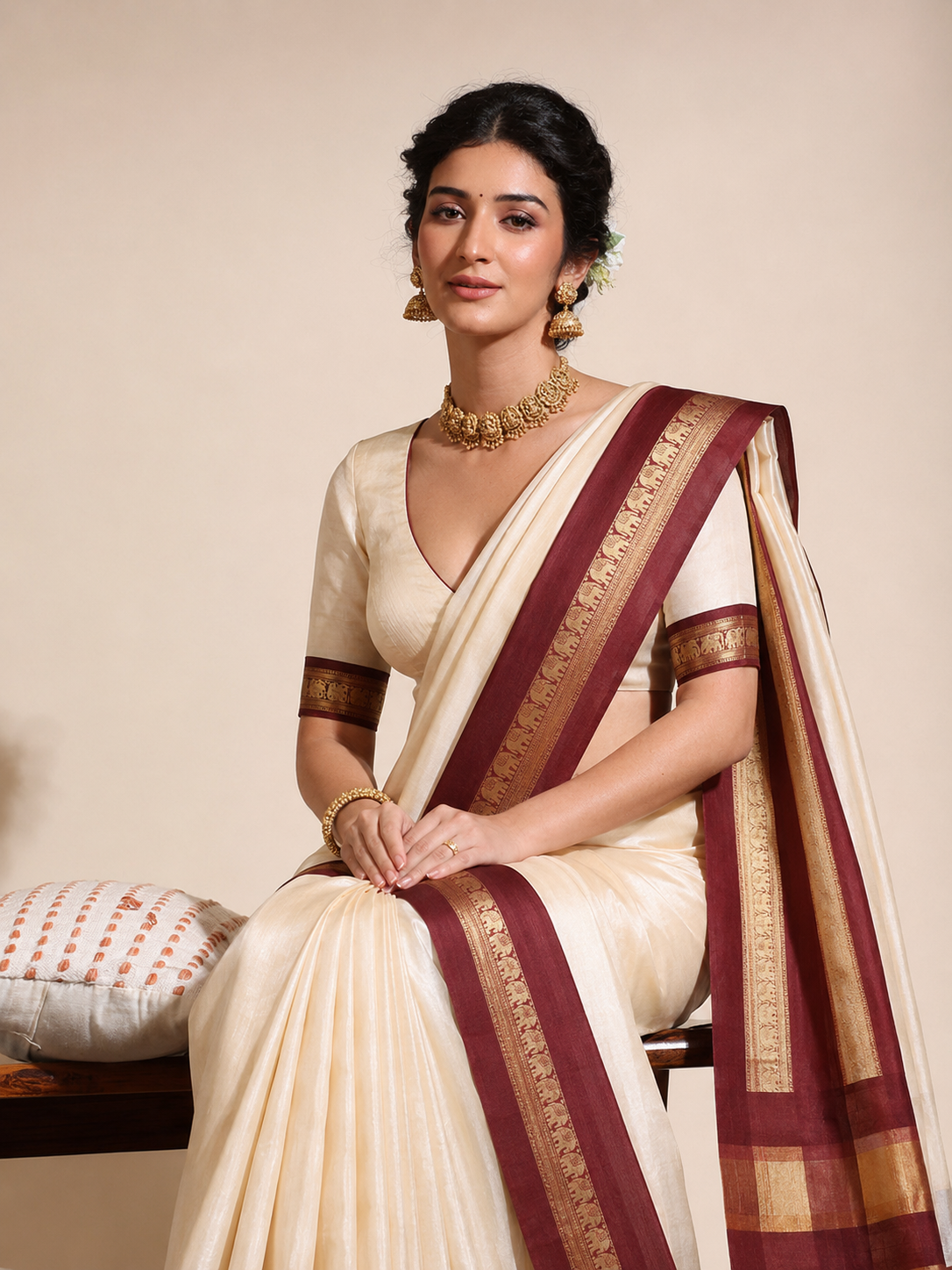 Beige & Maroon Gadwal Saree with Royal Elephant Border
