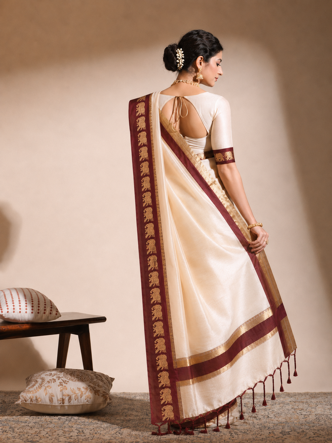 Beige & Maroon Gadwal Saree with Royal Elephant Border