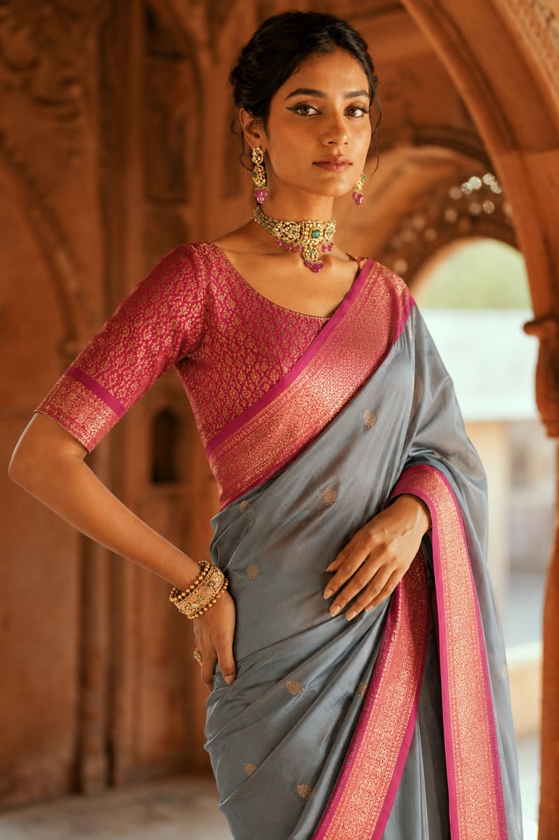Steel Grey & Rani Pink Paithani Cotton Silk Saree