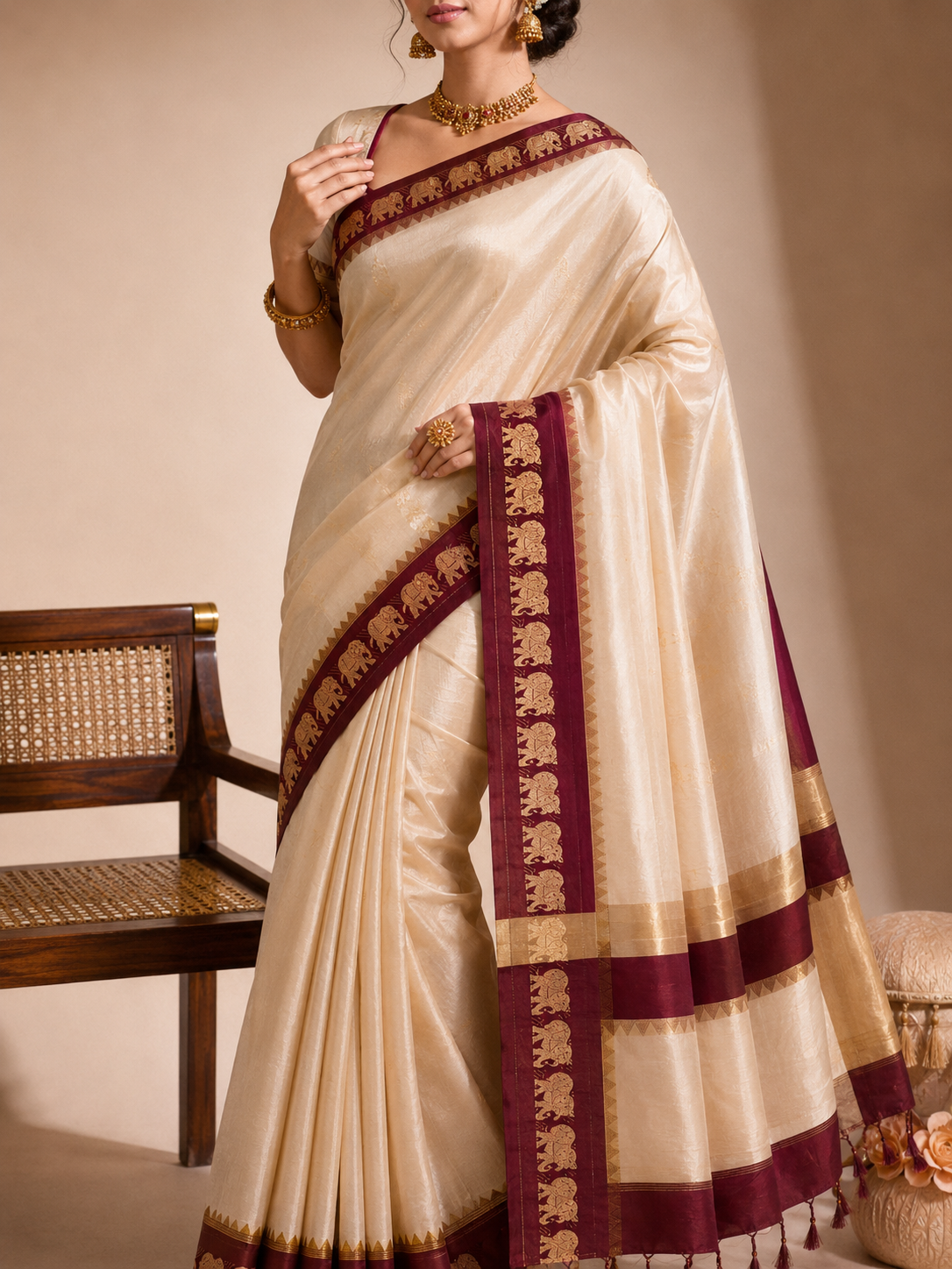 Beige & Maroon Gadwal Saree with Royal Elephant Border