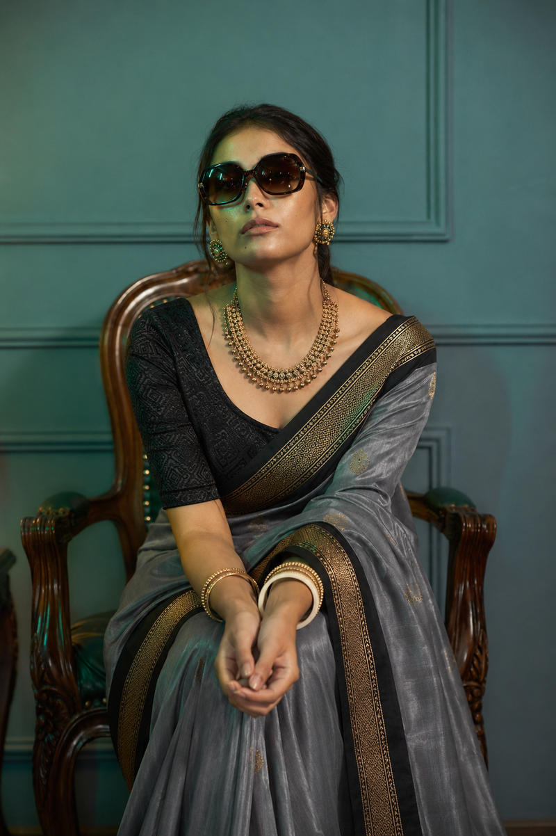 Grey & Black Paithani Cotton Silk Saree