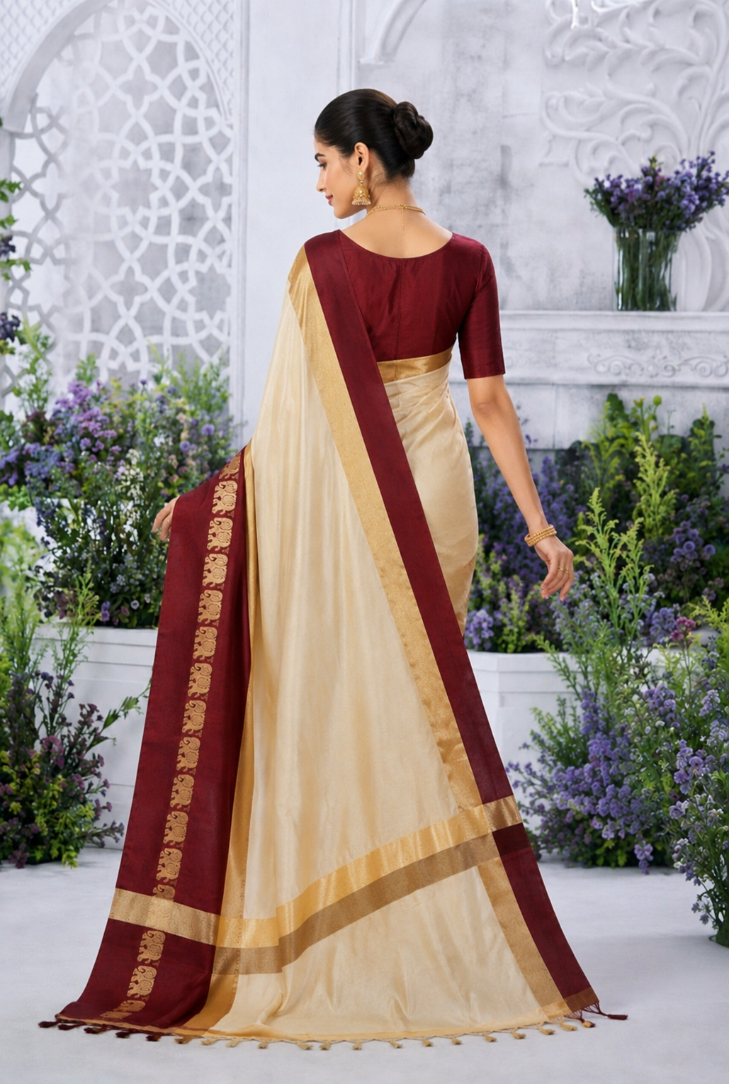 Gadwal Silk Saree - Beige & Maroon with Royal Elephant Border