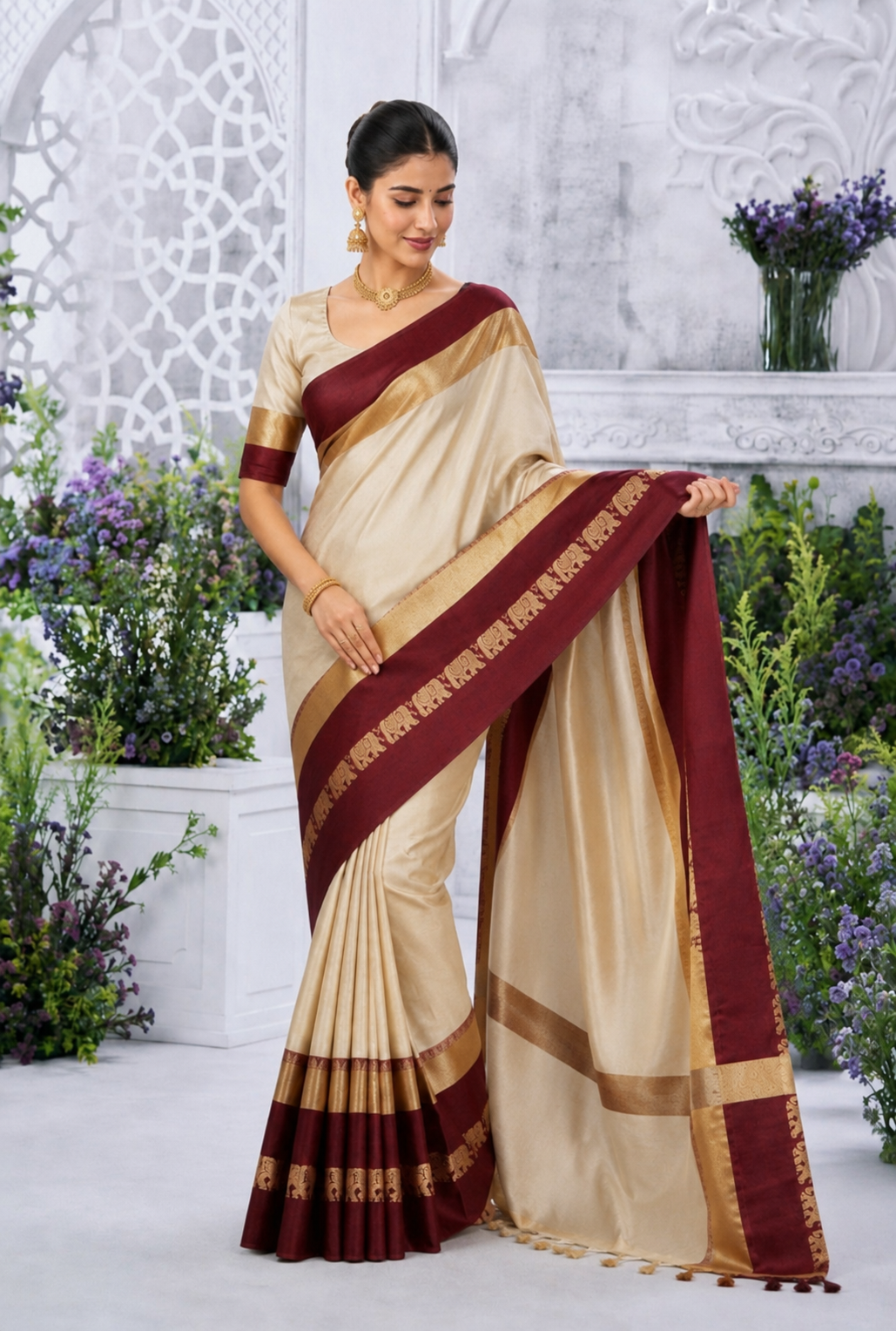 Gadwal Silk Saree - Beige & Maroon with Royal Elephant Border