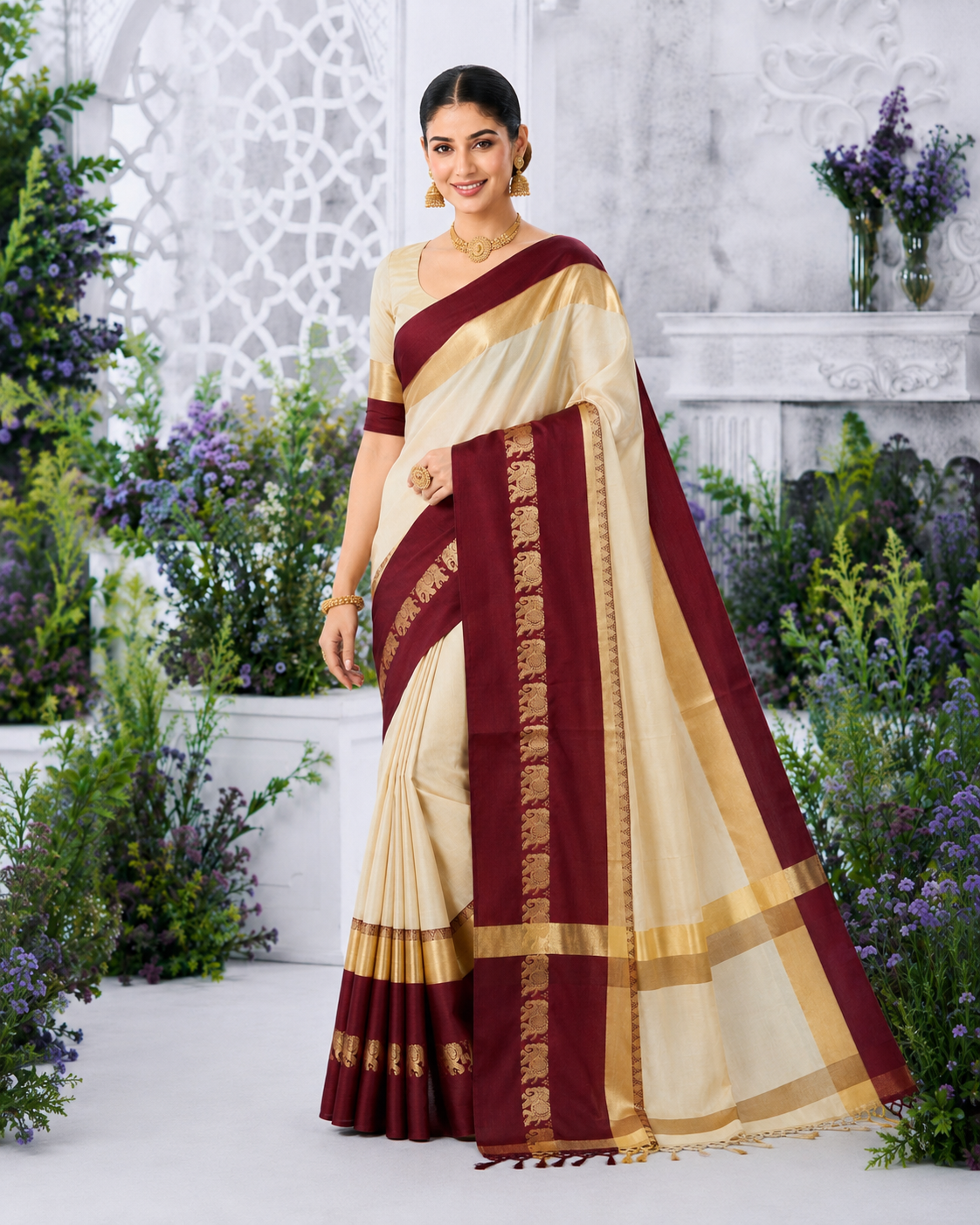 Gadwal Silk Saree - Beige & Maroon with Royal Elephant Border