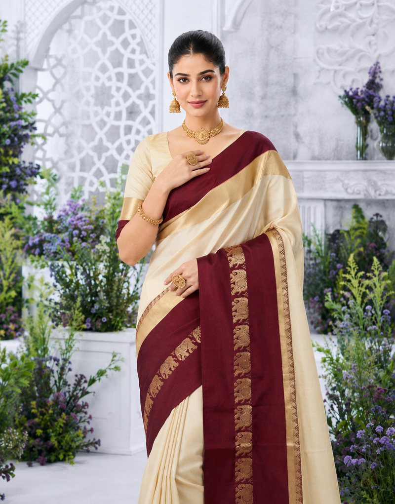 Gadwal Silk Saree - Beige & Maroon with Royal Elephant Border