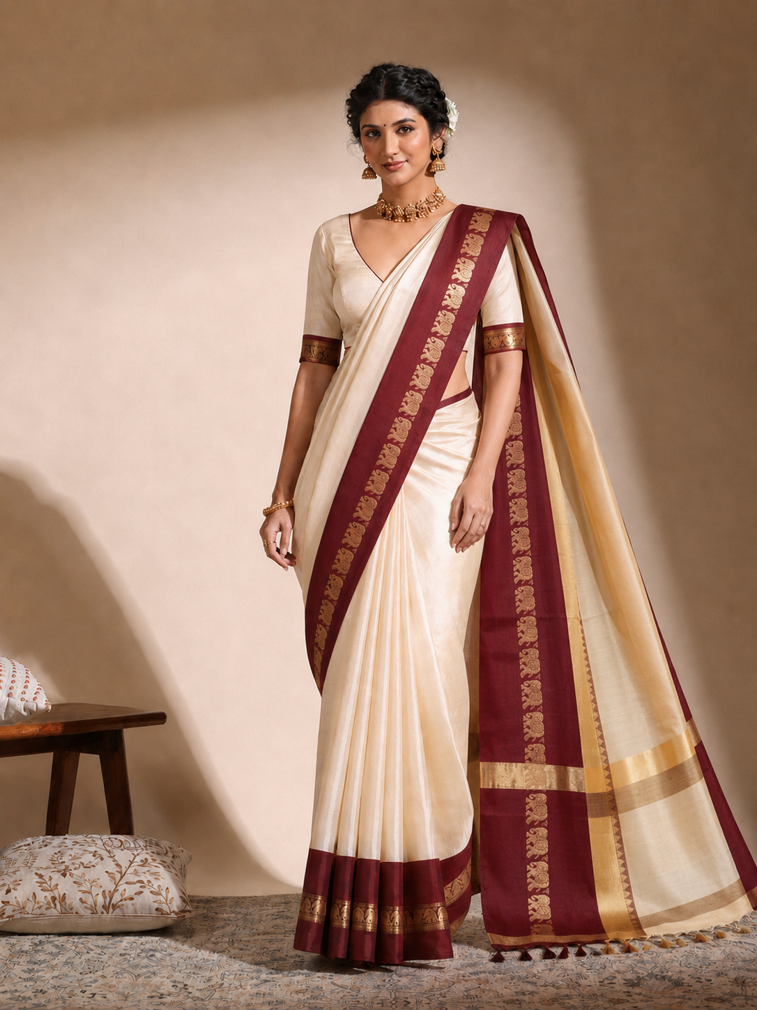 Beige & Maroon Gadwal Saree with Royal Elephant Border