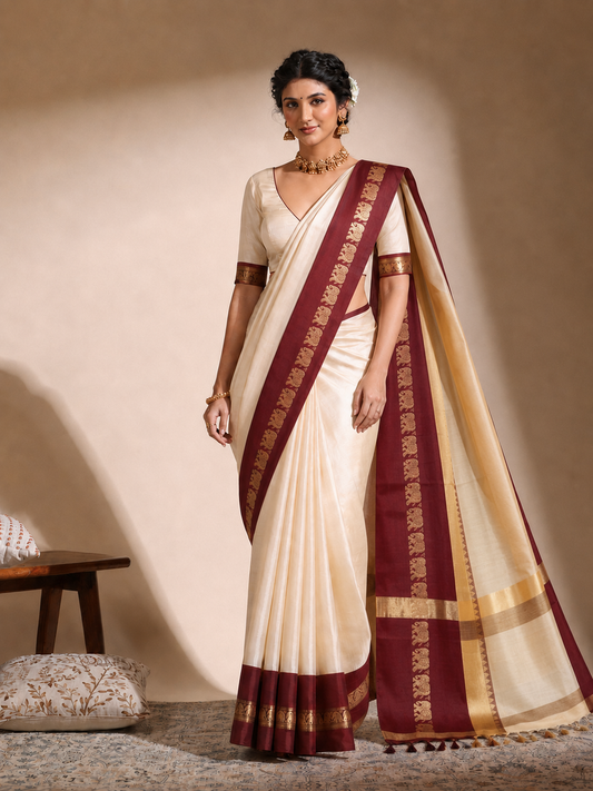 Beige & Maroon Gadwal Saree with Royal Elephant Border