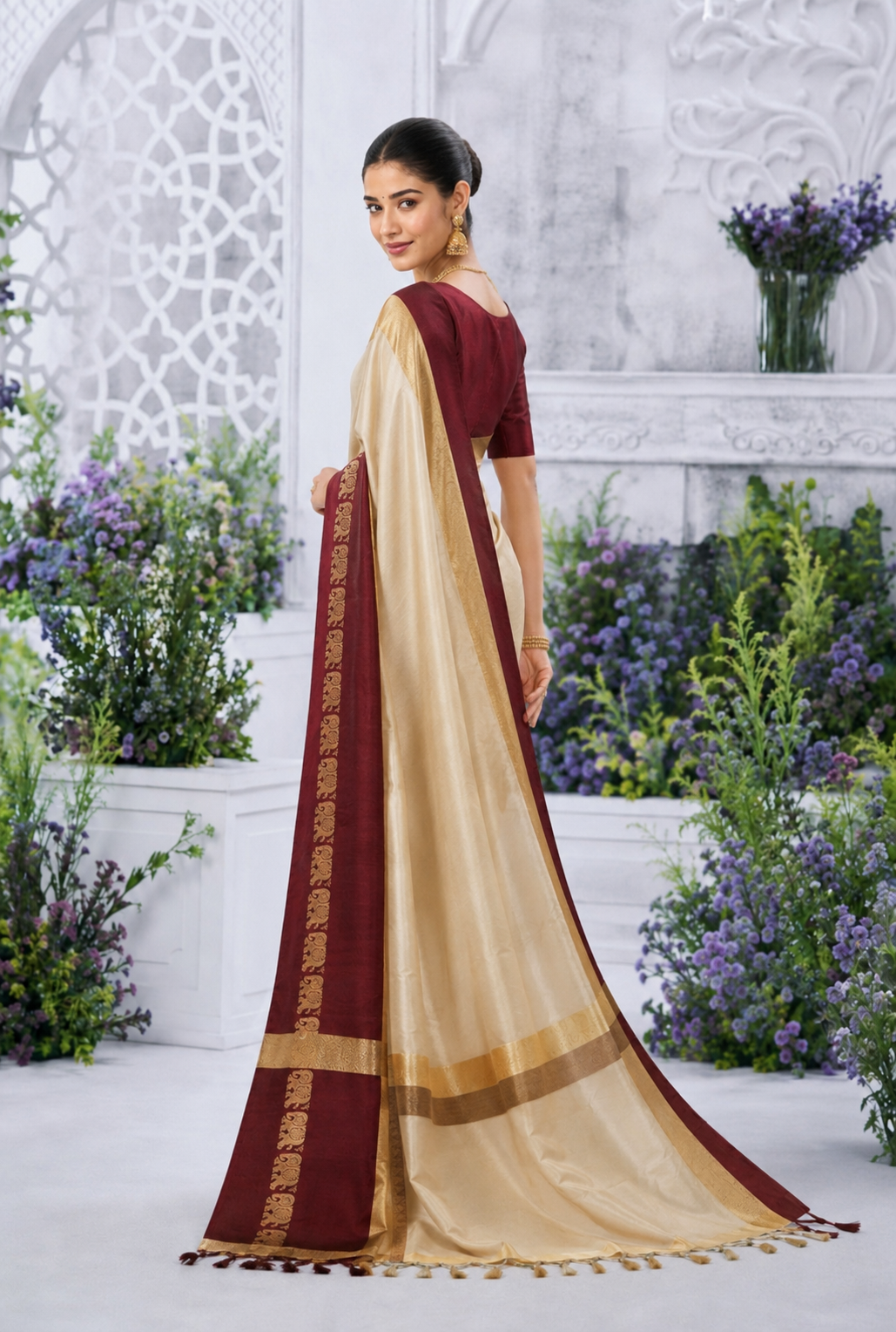 Gadwal Silk Saree - Beige & Maroon with Royal Elephant Border