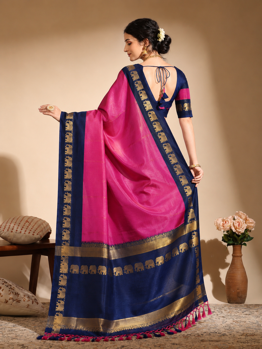 Pink & Navy Blue Gadwal Silk Saree with Royal Elephant Zari Border