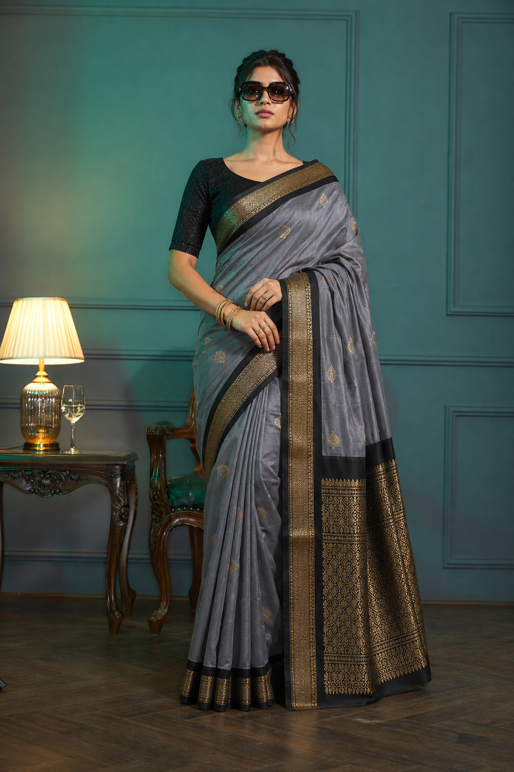 Grey & Black Paithani Cotton Silk Saree