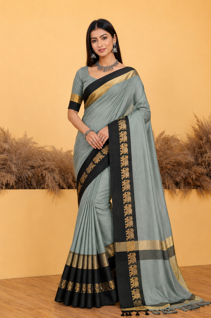Grey & Black Gadwal Saree with Royal Elephant Border