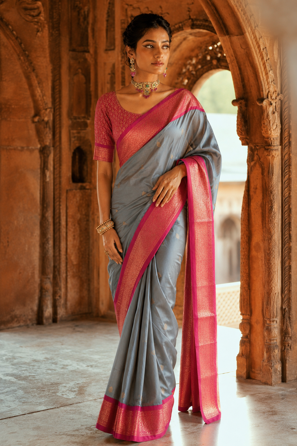Steel Grey & Rani Pink Paithani Cotton Silk Saree