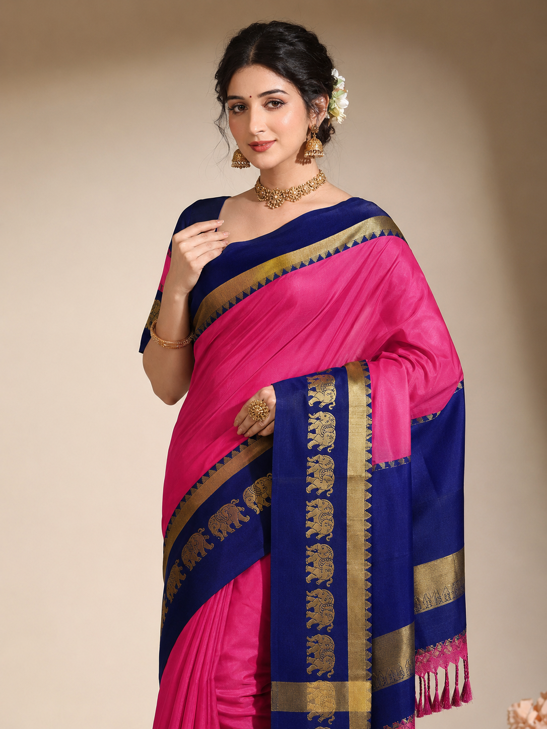 Pink & Navy Blue Gadwal Silk Saree with Royal Elephant Zari Border