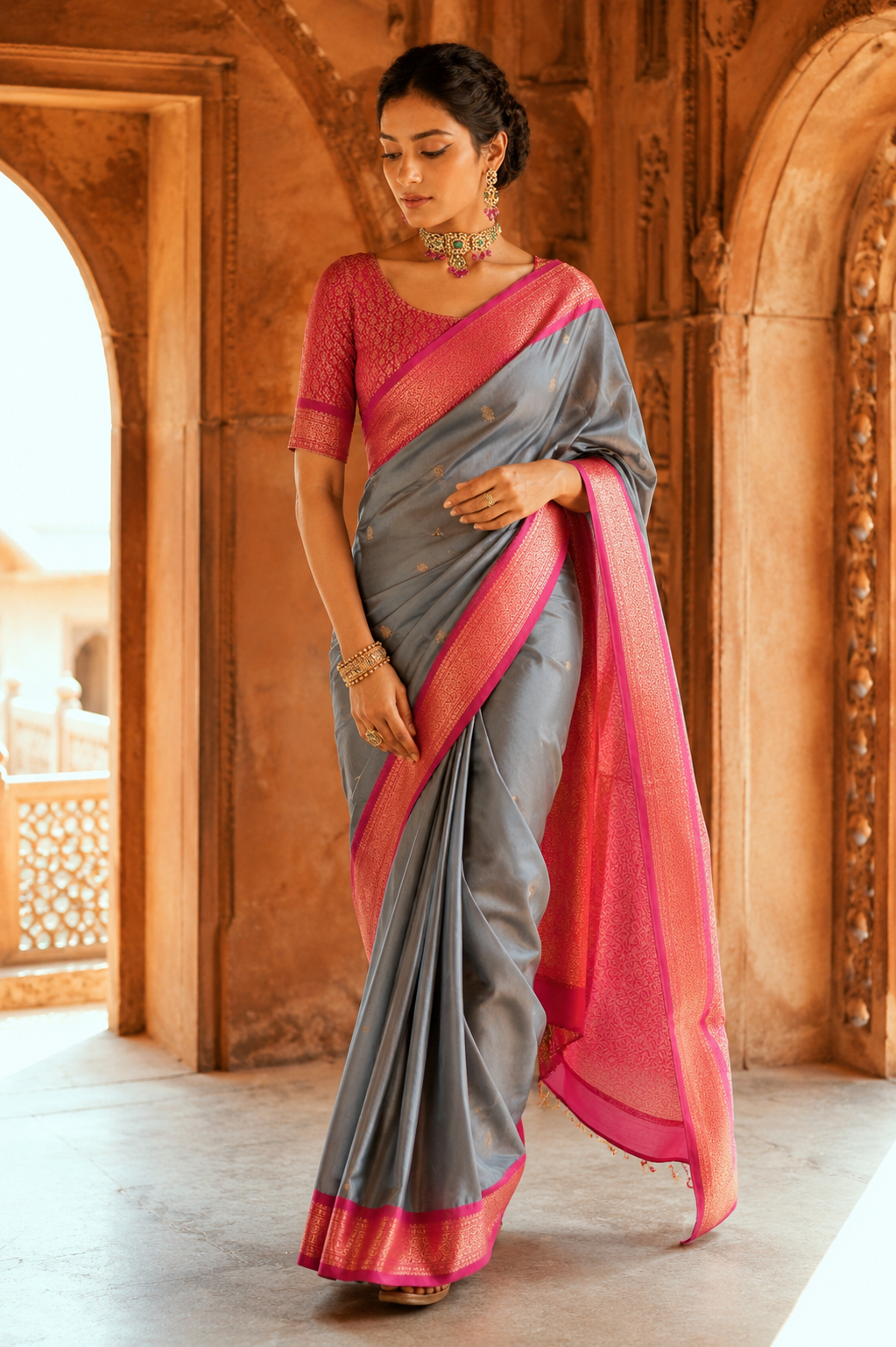 Steel Grey & Rani Pink Paithani Cotton Silk Saree