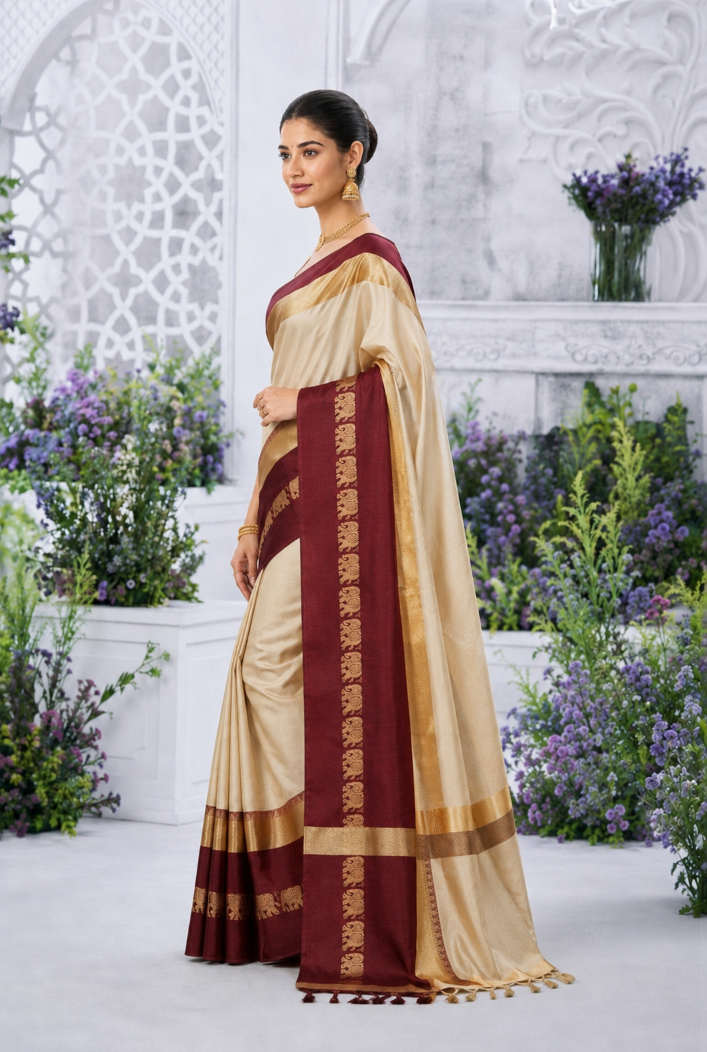 Gadwal Silk Saree - Beige & Maroon with Royal Elephant Border
