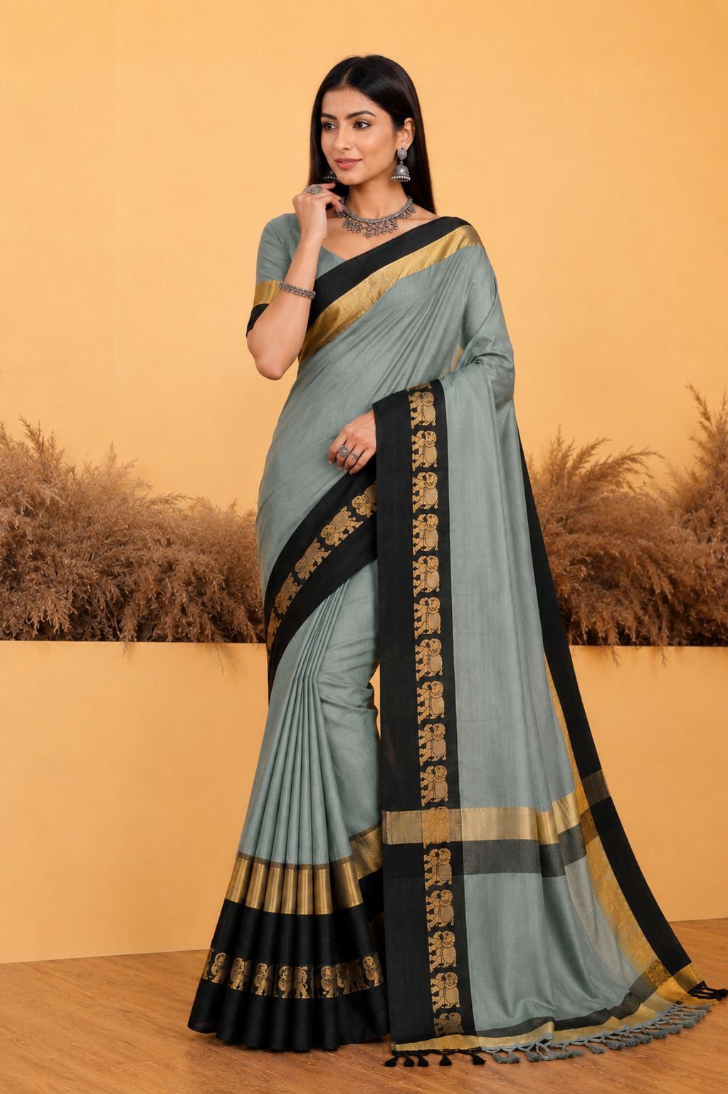 Grey & Black Gadwal Saree with Royal Elephant Border