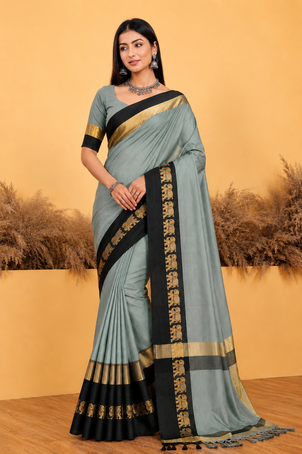 Grey & Black Gadwal Saree with Royal Elephant Border