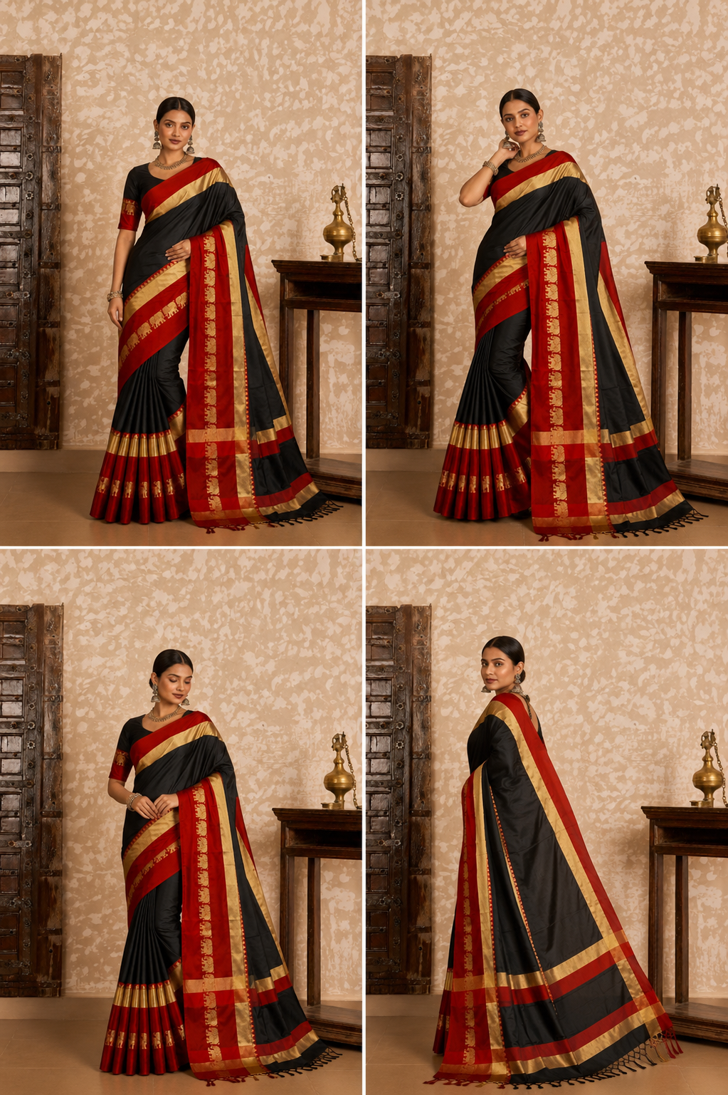 Black & Red Hathi Design (Elephant) Cotton Silk Saree