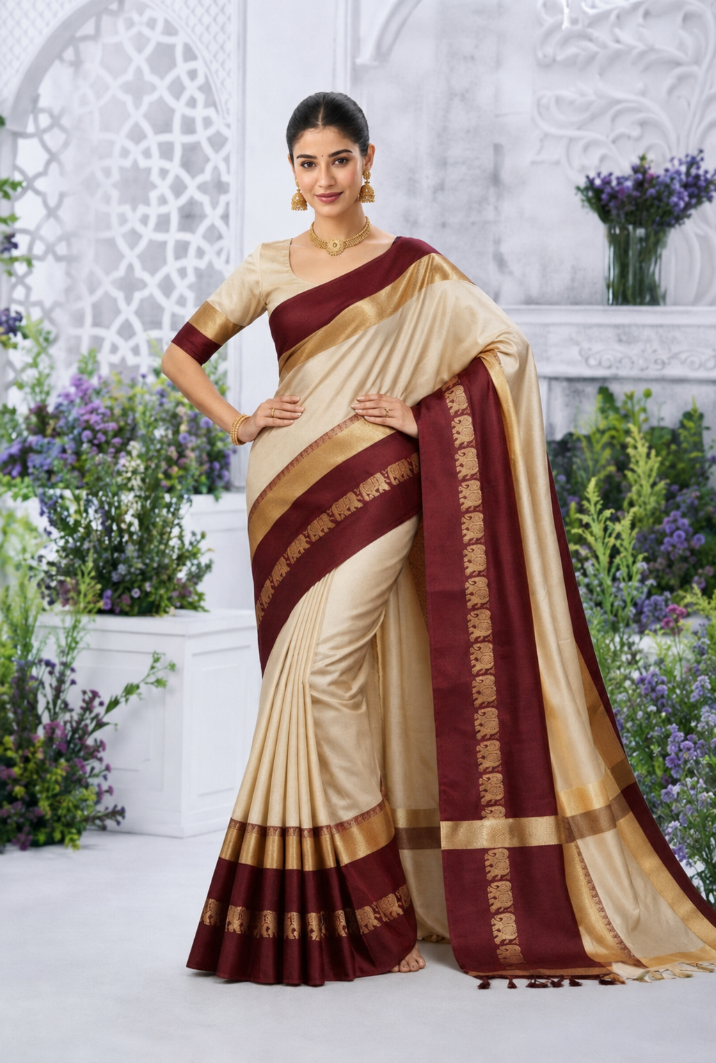 Gadwal Silk Saree - Beige & Maroon with Royal Elephant Border