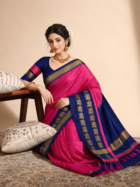 Pink & Navy Blue Gadwal Silk Saree with Royal Elephant Zari Border