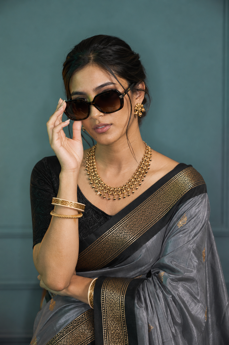 Grey & Black Paithani Cotton Silk Saree