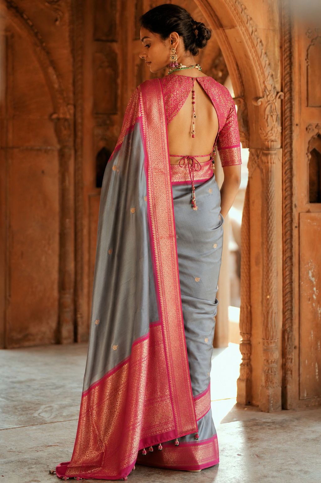 Steel Grey & Rani Pink Paithani Cotton Silk Saree