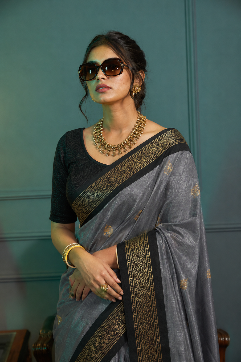 Grey & Black Paithani Cotton Silk Saree