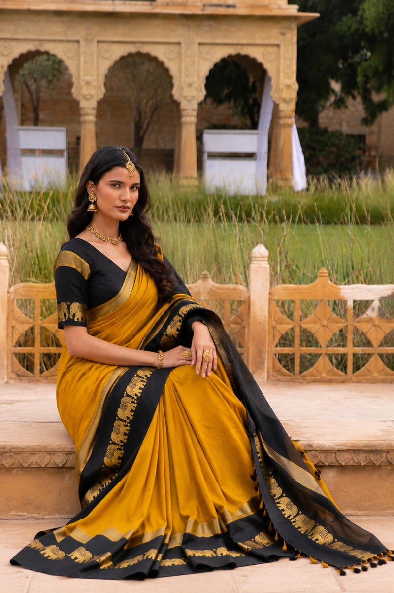 Gold & Black Gadwal Saree with Royal Elephant Border