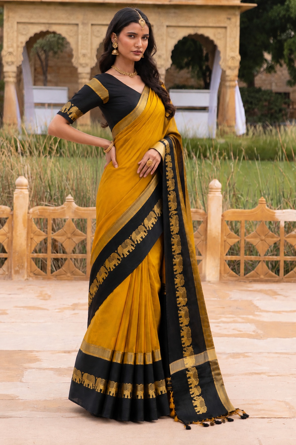 Gold & Black Gadwal Saree with Royal Elephant Border