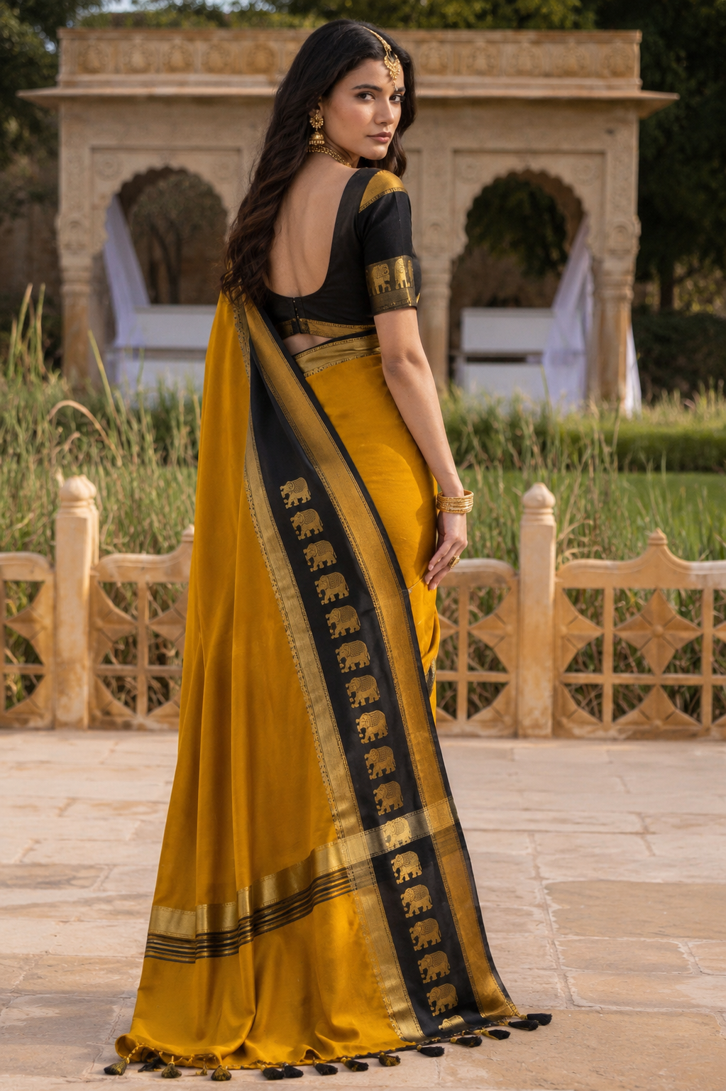 Gold & Black Gadwal Saree with Royal Elephant Border