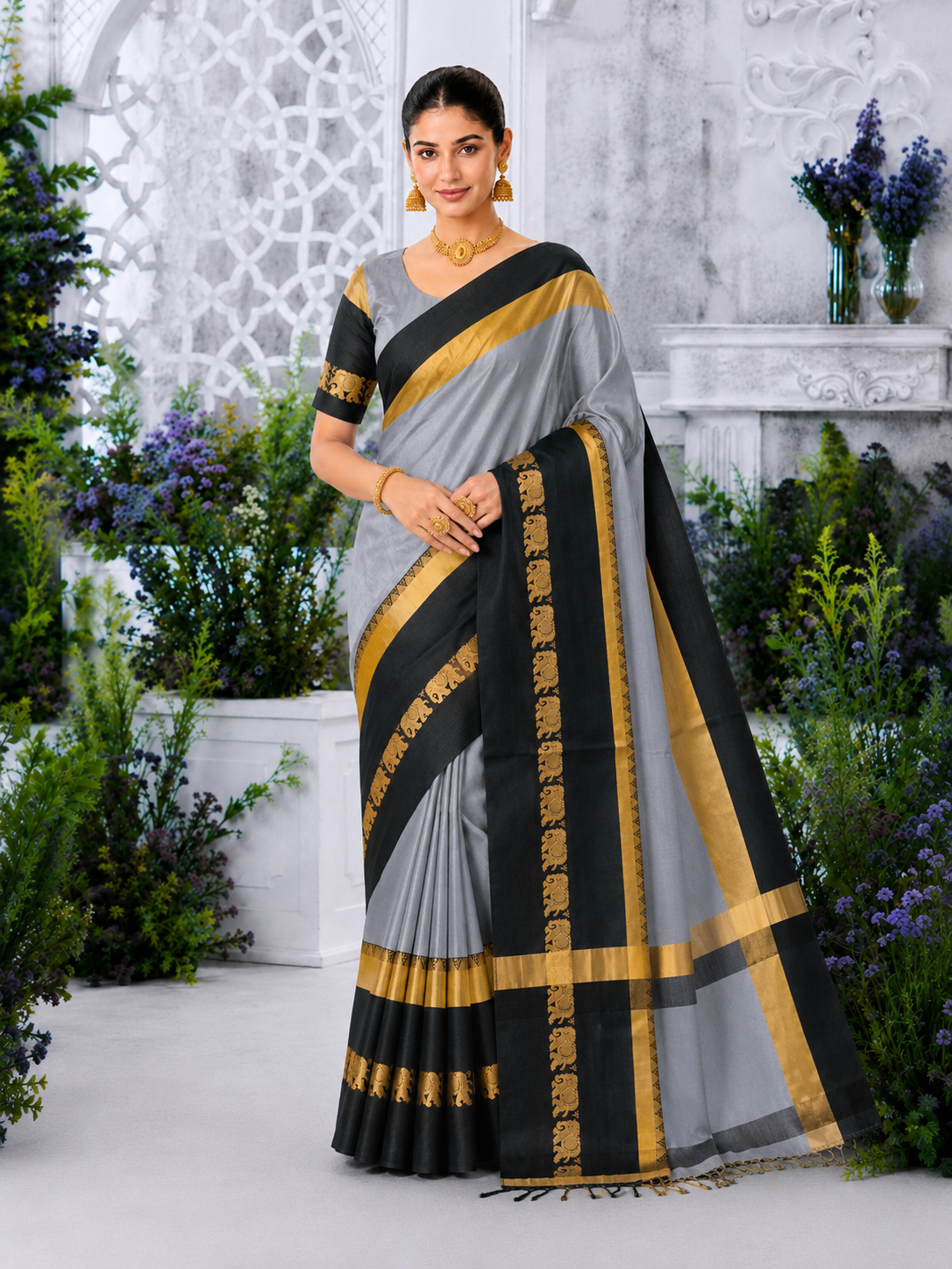 Grey & Black Gadwal Saree with Royal Elephant Border