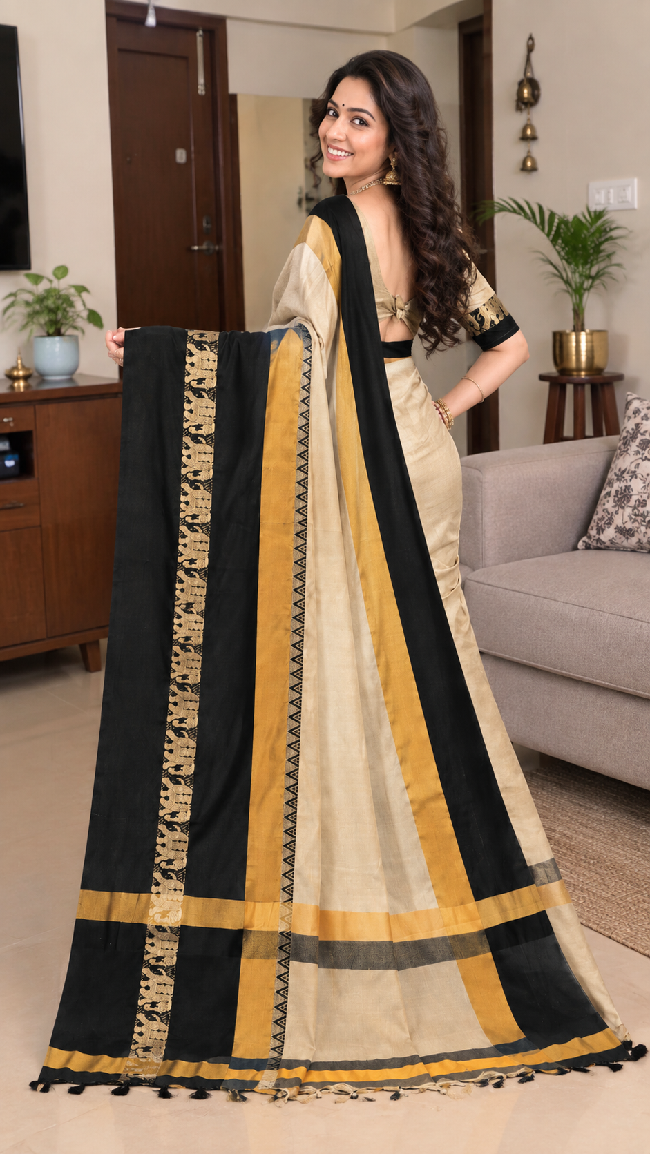 Beige & Black Hathi Design (Elephant) Cotton Silk Saree