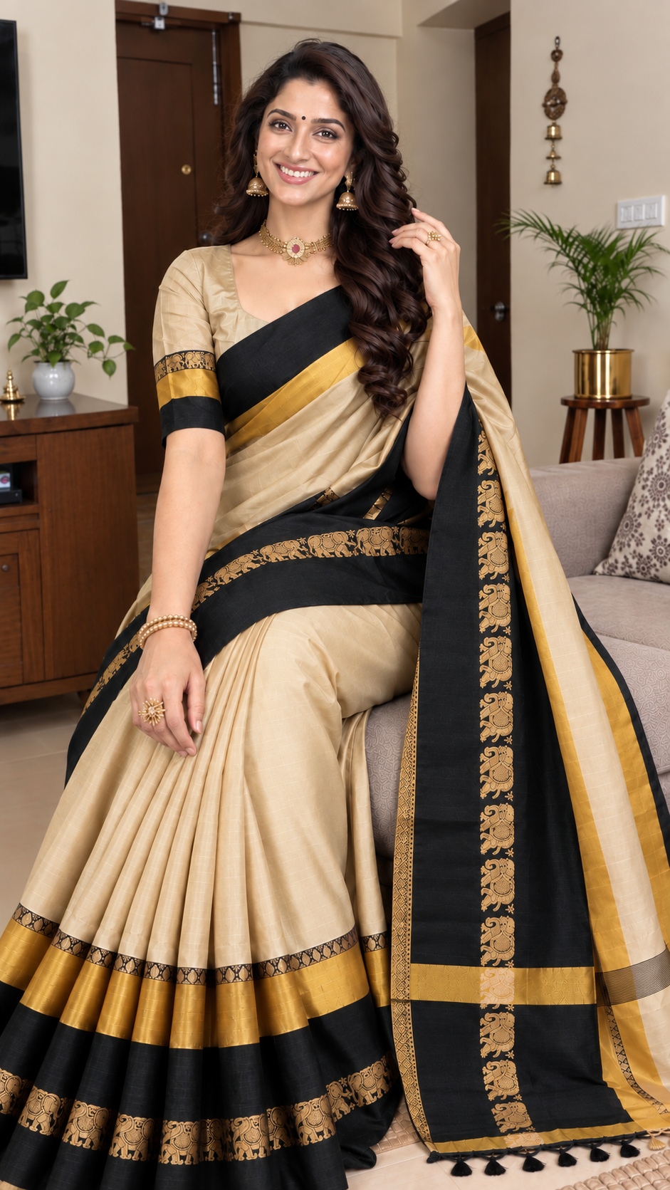 Beige & Black Hathi Design (Elephant) Cotton Silk Saree