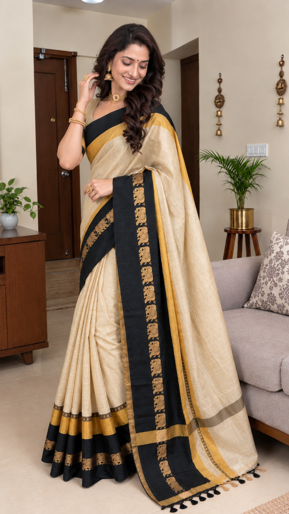 Beige & Black Hathi Design (Elephant) Cotton Silk Saree