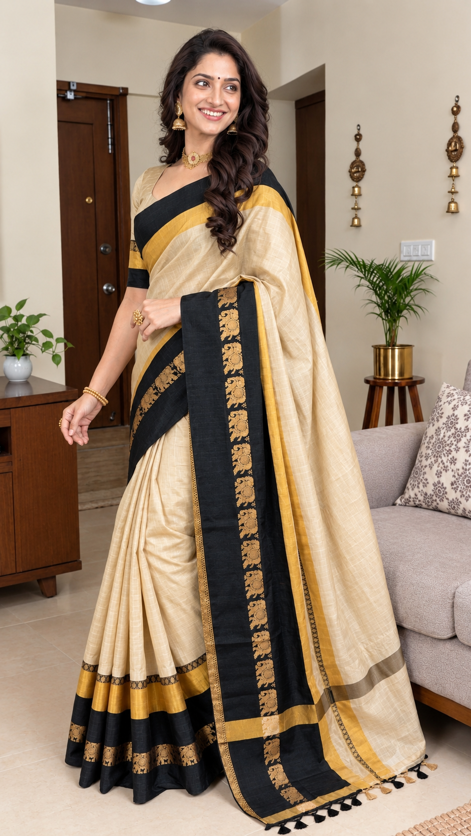 Beige & Black Hathi Design (Elephant) Cotton Silk Saree
